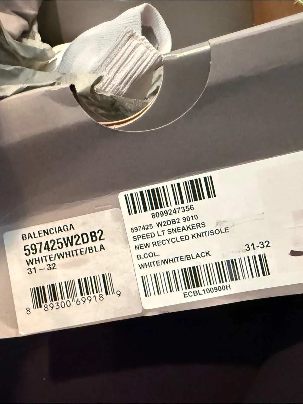 Kids Balenciaga White/Black Speed LT Sneakers Box Label